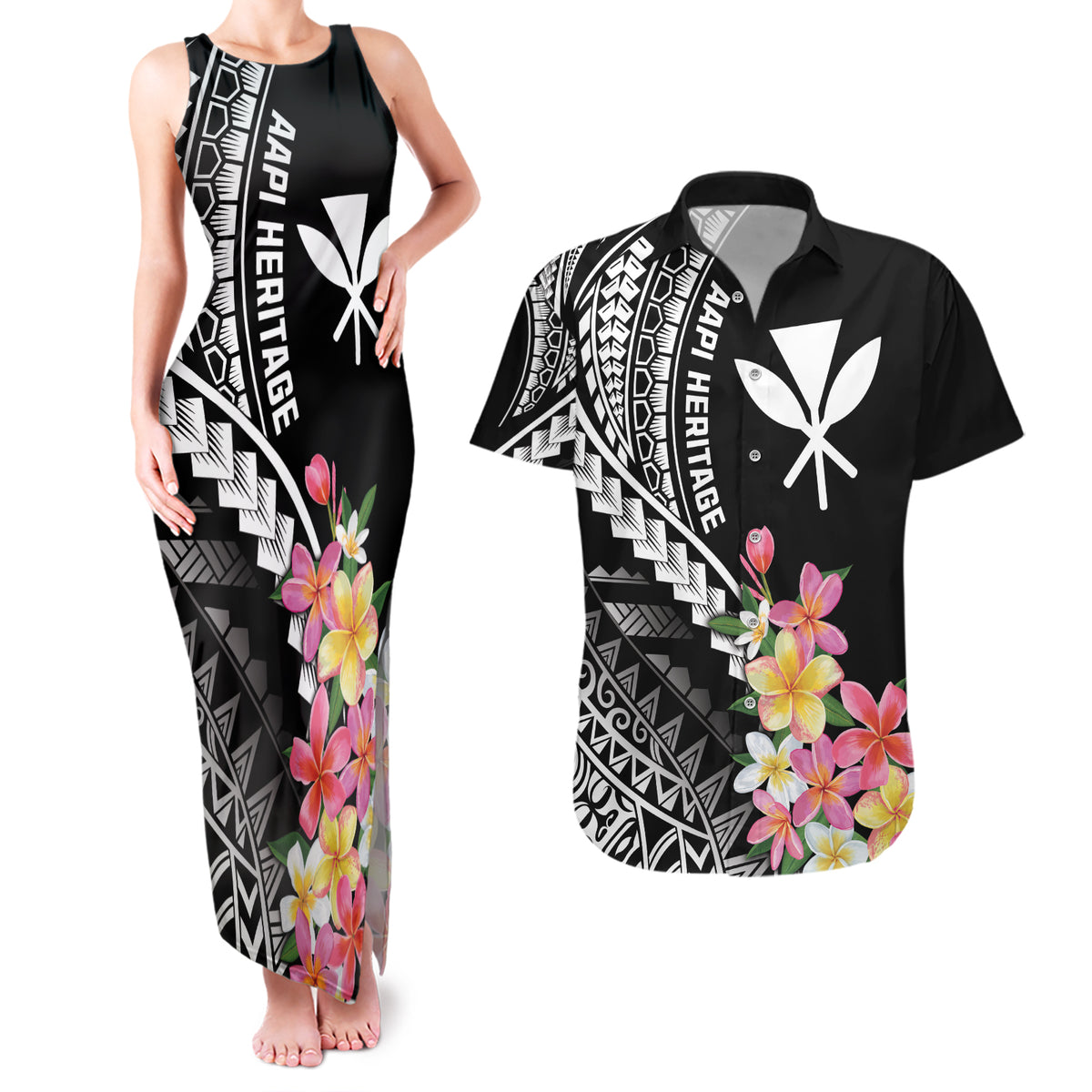 AAPI Heritage Month Couples Matching Tank Maxi Dress and Hawaiian Shirt Kanaka Hawaii Plumeria LT7 Black - Polynesian Pride