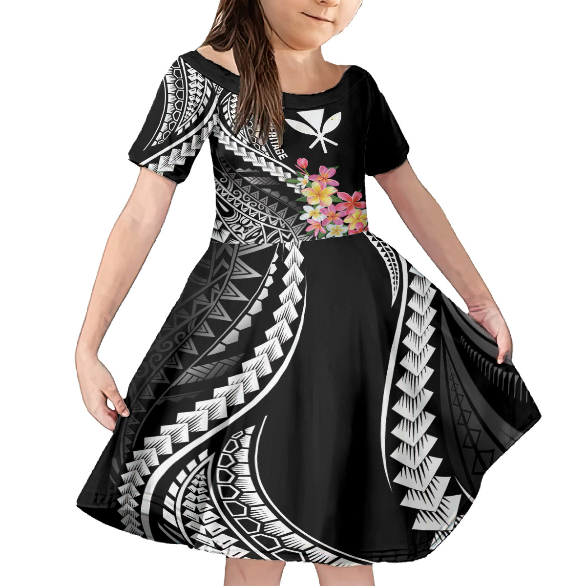 AAPI Heritage Month Family Matching Off Shoulder Maxi Dress and Hawaiian Shirt Kanaka Hawaii Plumeria LT7 Daughter's Dress Black - Polynesian Pride
