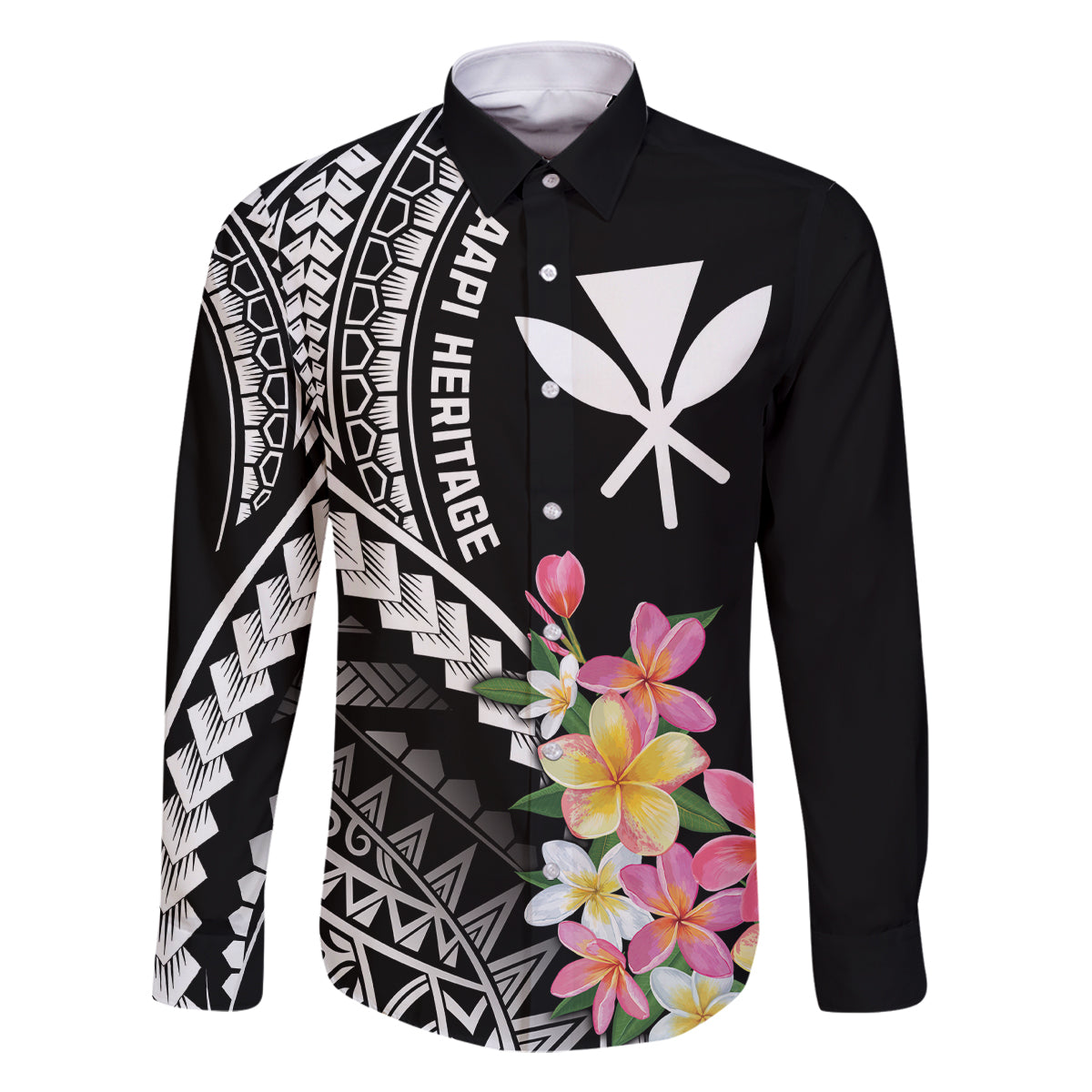 AAPI Heritage Month Family Matching Off Shoulder Maxi Dress and Hawaiian Shirt Kanaka Hawaii Plumeria LT7 Dad's Shirt - Long Sleeve Black - Polynesian Pride