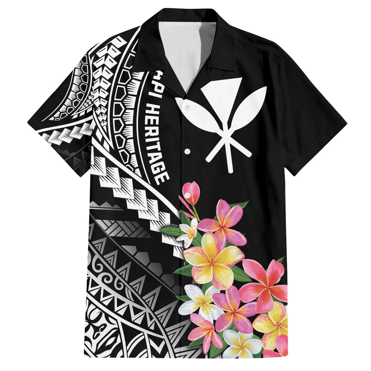 AAPI Heritage Month Family Matching Summer Maxi Dress and Hawaiian Shirt Kanaka Hawaii Plumeria LT7 Dad's Shirt - Short Sleeve Black - Polynesian Pride