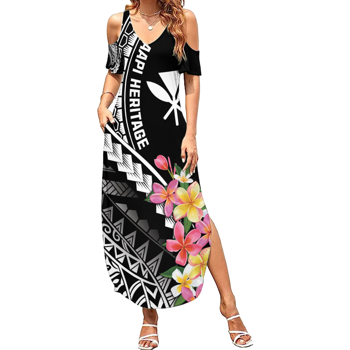 AAPI Heritage Month Family Matching Summer Maxi Dress and Hawaiian Shirt Kanaka Hawaii Plumeria LT7 Mom's Dress Black - Polynesian Pride