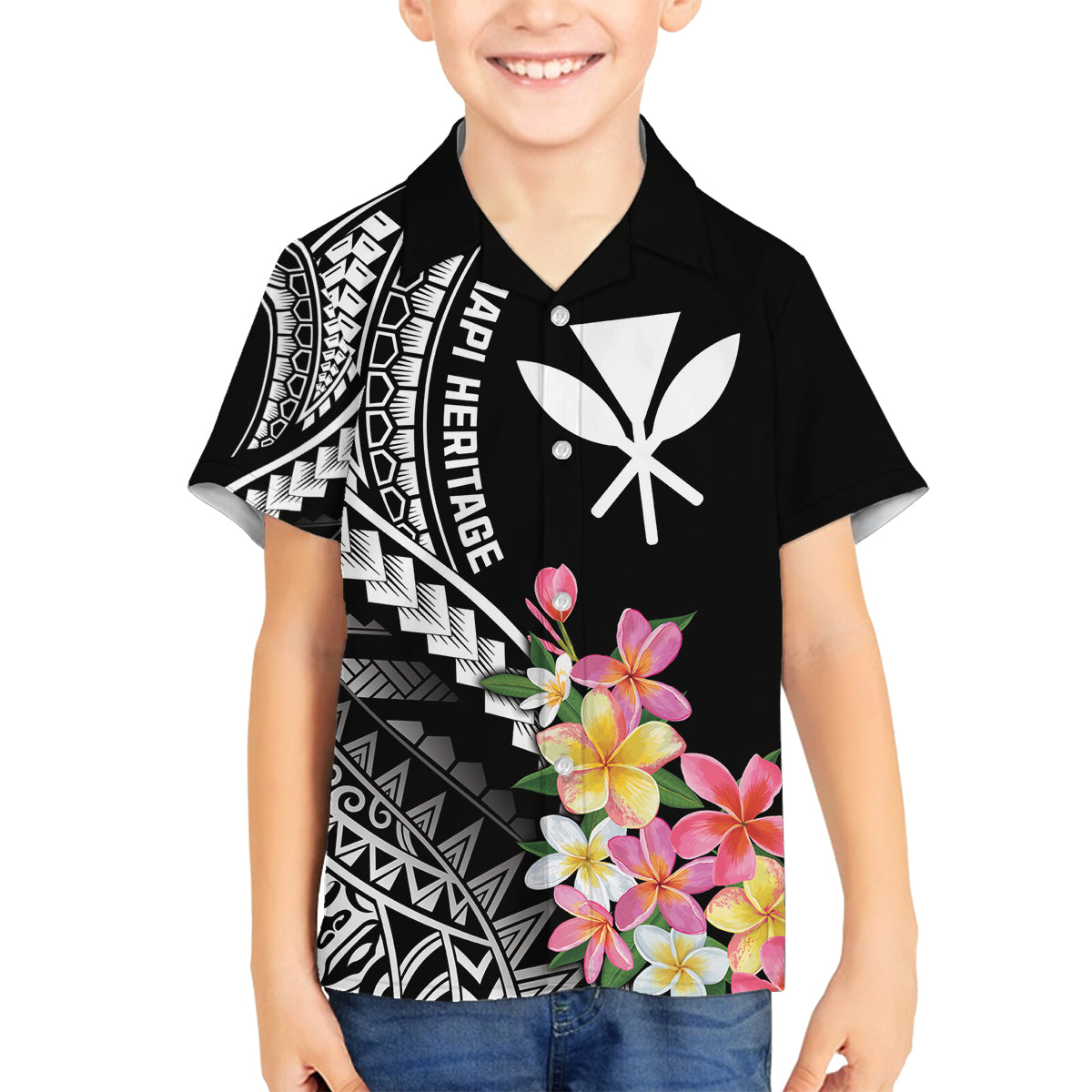 AAPI Heritage Month Family Matching Summer Maxi Dress and Hawaiian Shirt Kanaka Hawaii Plumeria LT7 Son's Shirt Black - Polynesian Pride