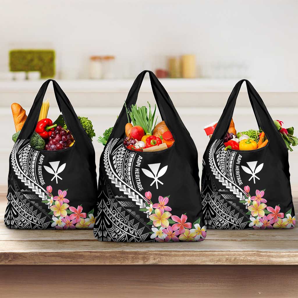 AAPI Heritage Month Grocery Bag Kanaka Hawaii Plumeria LT7 3-pack One Size Black - Polynesian Pride