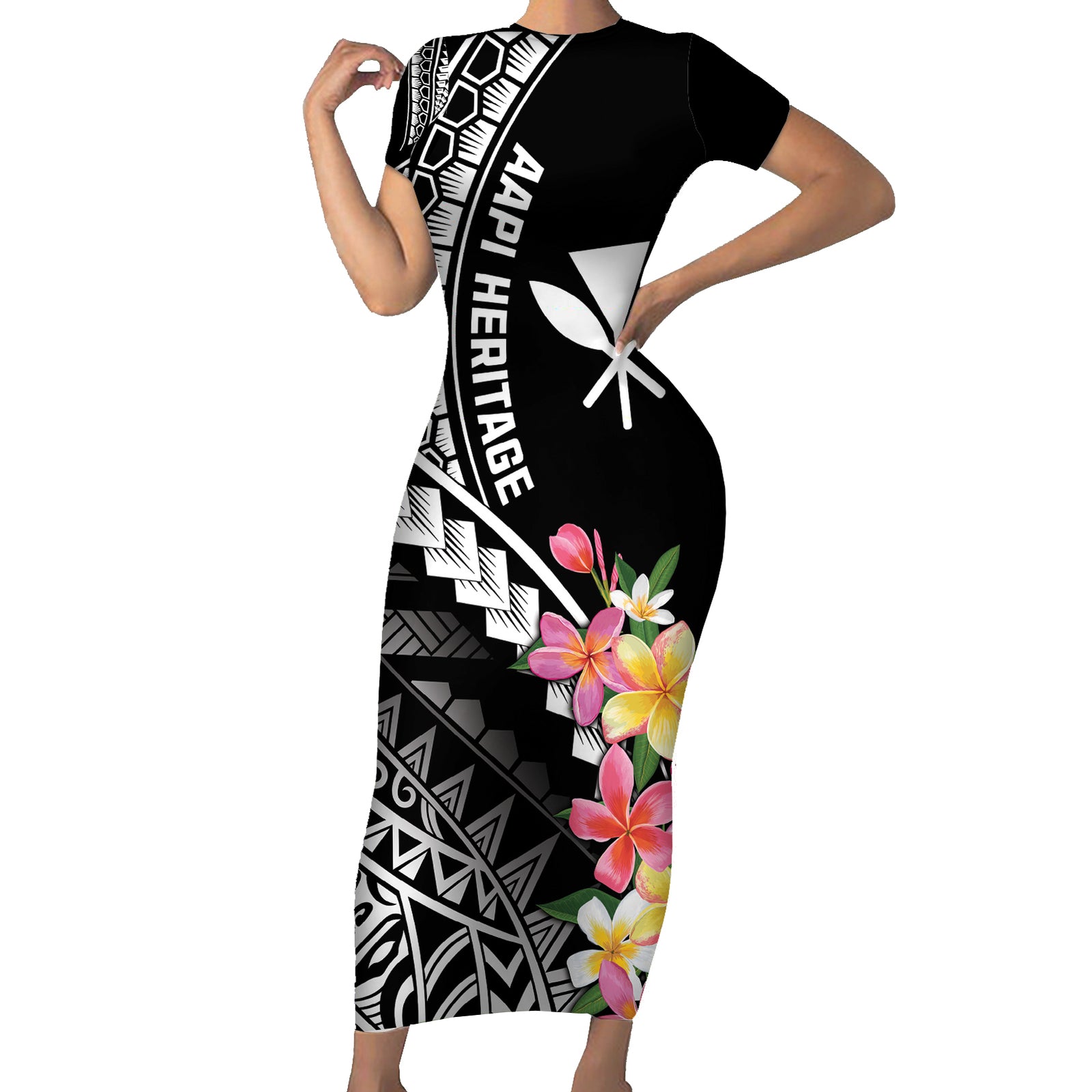 AAPI Heritage Month Short Sleeve Bodycon Dress Kanaka Hawaii Plumeria