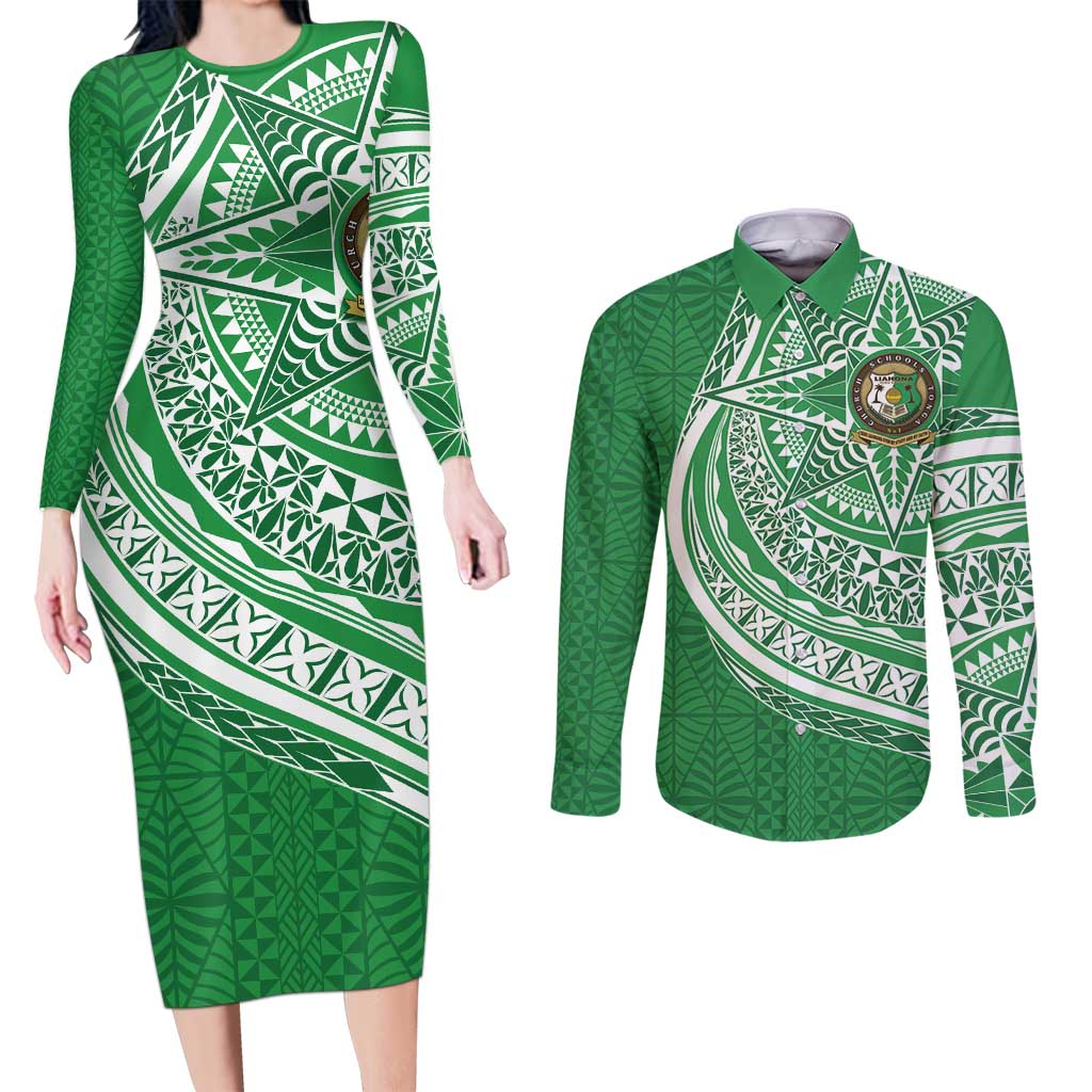Tonga Liahona High School Personalized Couples Matching Long Sleeve Bodycon Dress and Long Sleeve Button Shirt Ngatu Tokelaufeletoa Motifs