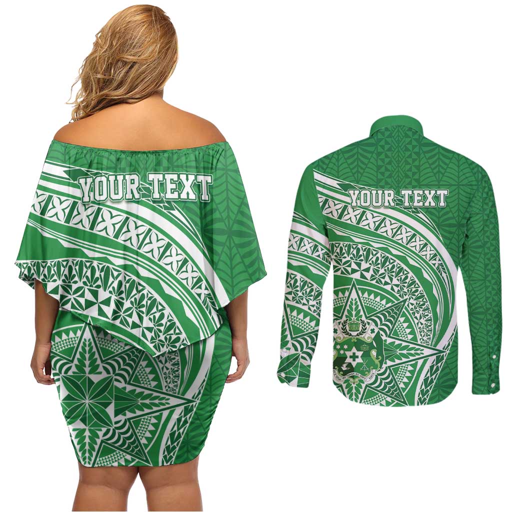 Tonga Liahona High School Personalized Couples Matching Off Shoulder Short Dress and Long Sleeve Button Shirt Ngatu Tokelaufeletoa Motifs