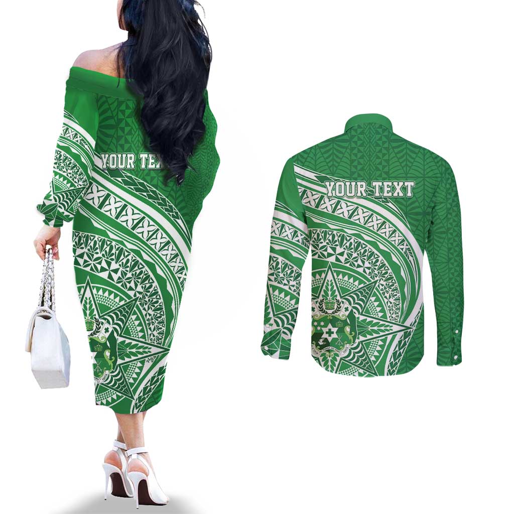 Tonga Liahona High School Personalized Couples Matching Off The Shoulder Long Sleeve Dress and Long Sleeve Button Shirt Ngatu Tokelaufeletoa Motifs