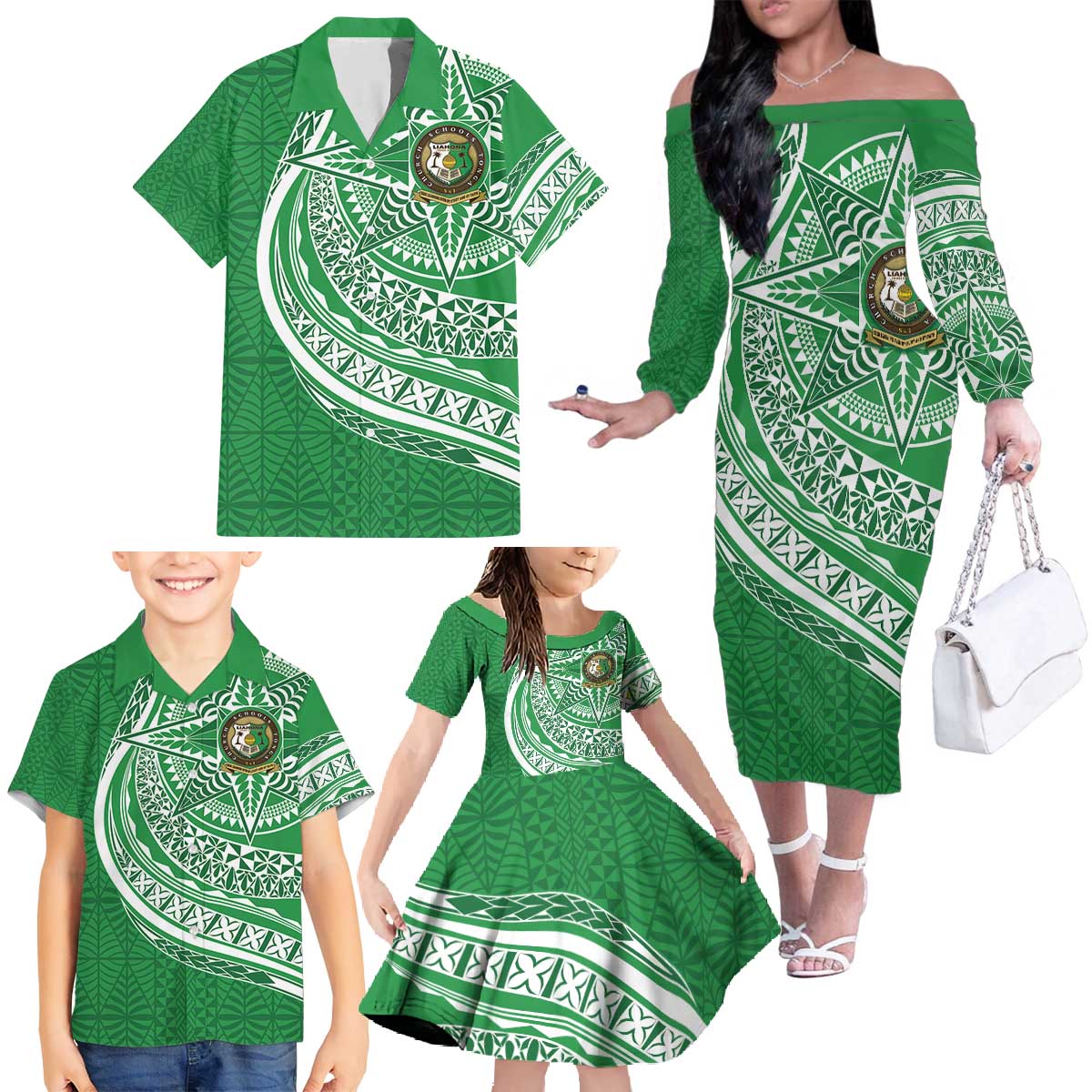 Tonga Liahona High School Personalized Family Matching Off The Shoulder Long Sleeve Dress and Hawaiian Shirt Ngatu Tokelaufeletoa Motifs