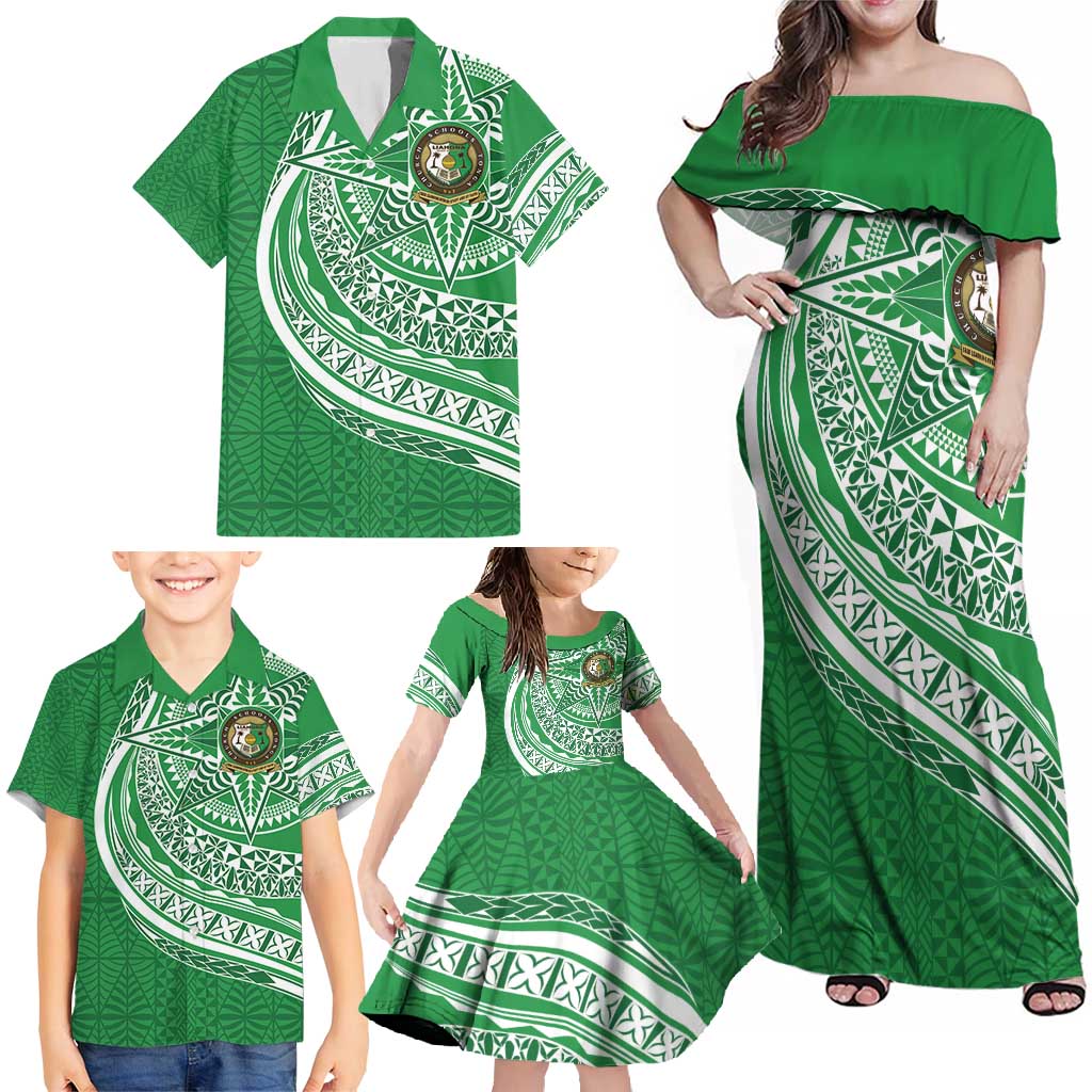 Tonga Liahona High School Personalized Family Matching Off Shoulder Maxi Dress and Hawaiian Shirt Ngatu Tokelaufeletoa Motifs