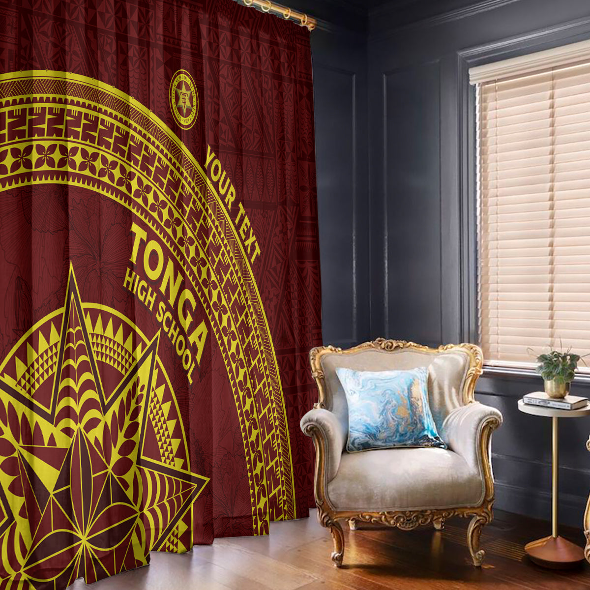 Tonga High School Window Curtain THS Anniversary Ngatu Motif