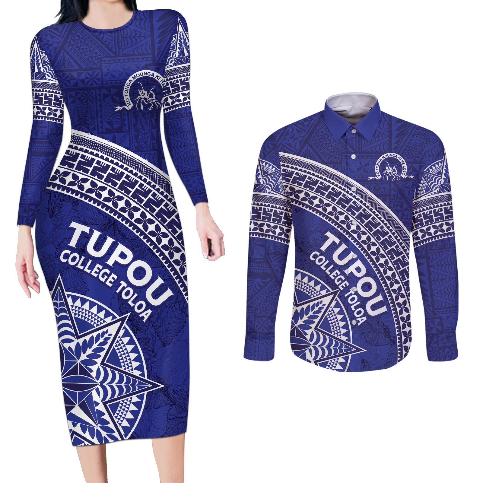 Tupou College Toloa Couples Matching Long Sleeve Bodycon Dress and Long Sleeve Button Shirt Ngatu Tapa Mix Style
