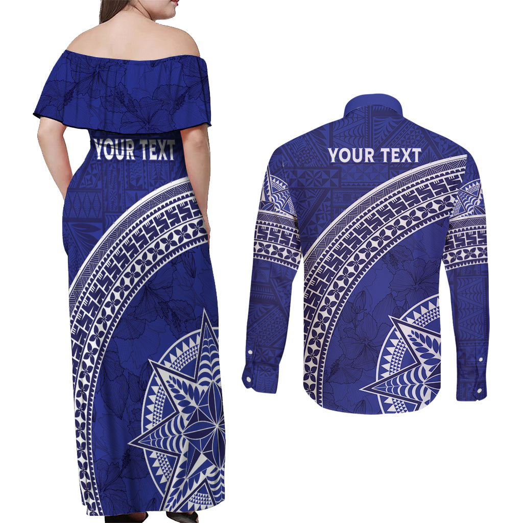 Tupou College Toloa Couples Matching Off Shoulder Maxi Dress and Long Sleeve Button Shirt Ngatu Tapa Mix Style