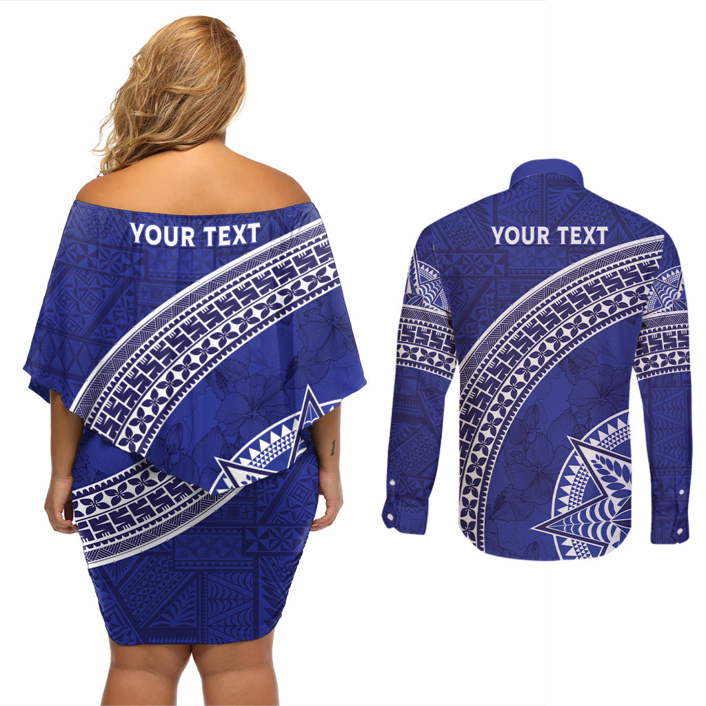 Tupou College Toloa Couples Matching Off Shoulder Short Dress and Long Sleeve Button Shirt Ngatu Tapa Mix Style