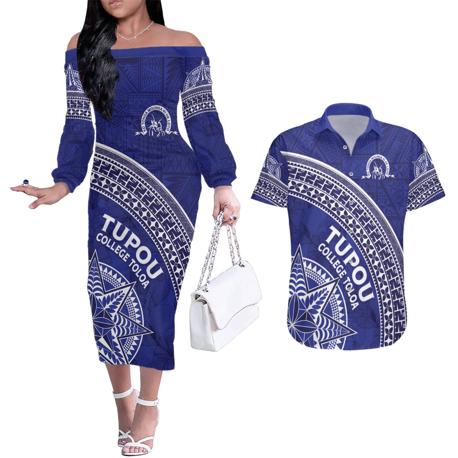 Tupou College Toloa Couples Matching Off The Shoulder Long Sleeve Dress and Hawaiian Shirt Ngatu Tapa Mix Style