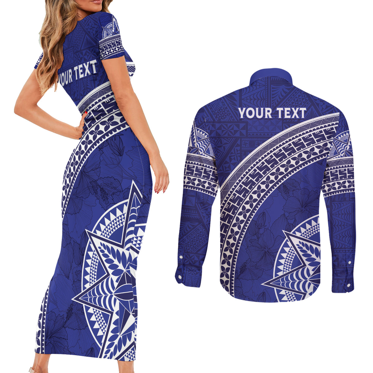 Tupou College Toloa Couples Matching Short Sleeve Bodycon Dress and Long Sleeve Button Shirt Ngatu Tapa Mix Style