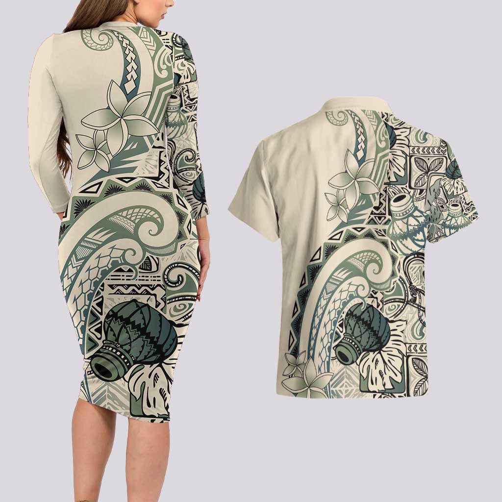 Aloha Hawaii Tapa Couples Matching Long Sleeve Bodycon Dress and Hawaiian Shirt Summer Green Hawaiian Ipu - Polynesian Pride