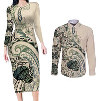 Aloha Hawaii Tapa Couples Matching Long Sleeve Bodycon Dress and Long Sleeve Button Shirt Summer Green Hawaiian Ipu - Polynesian Pride