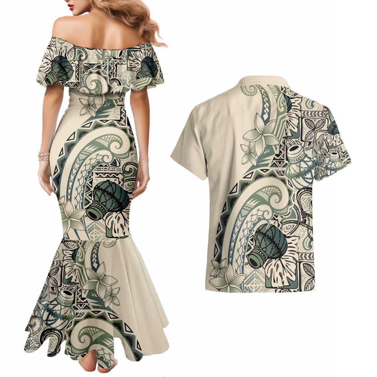 Aloha Hawaii Tapa Couples Matching Mermaid Dress and Hawaiian Shirt Summer Green Hawaiian Ipu - Polynesian Pride