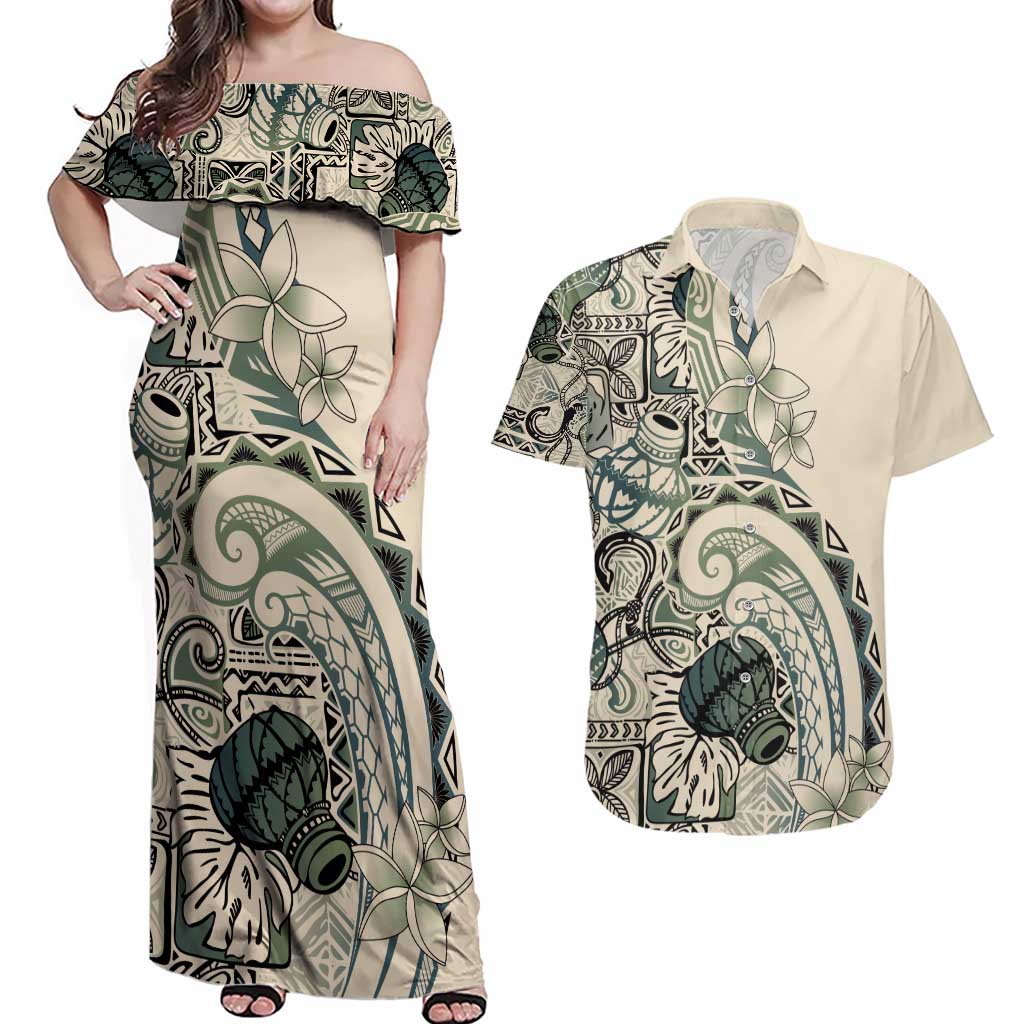 Aloha Hawaii Tapa Couples Matching Off Shoulder Maxi Dress and Hawaiian Shirt Summer Green Hawaiian Ipu - Polynesian Pride