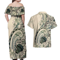Aloha Hawaii Tapa Couples Matching Off Shoulder Maxi Dress and Hawaiian Shirt Summer Green Hawaiian Ipu - Polynesian Pride