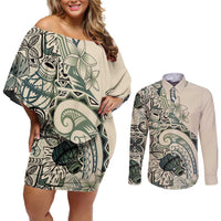 Aloha Hawaii Tapa Couples Matching Off Shoulder Short Dress and Long Sleeve Button Shirt Summer Green Hawaiian Ipu - Polynesian Pride