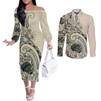 Aloha Hawaii Tapa Couples Matching Off The Shoulder Long Sleeve Dress and Long Sleeve Button Shirt Summer Green Hawaiian Ipu - Polynesian Pride