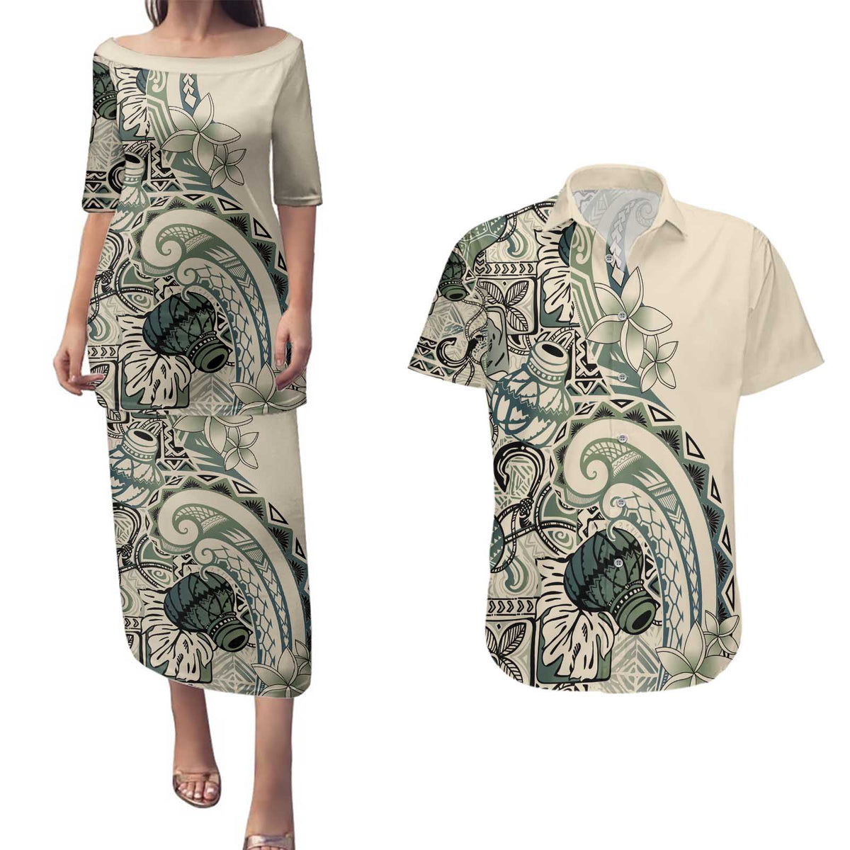 Aloha Hawaii Tapa Couples Matching Puletasi and Hawaiian Shirt Summer Green Hawaiian Ipu - Polynesian Pride