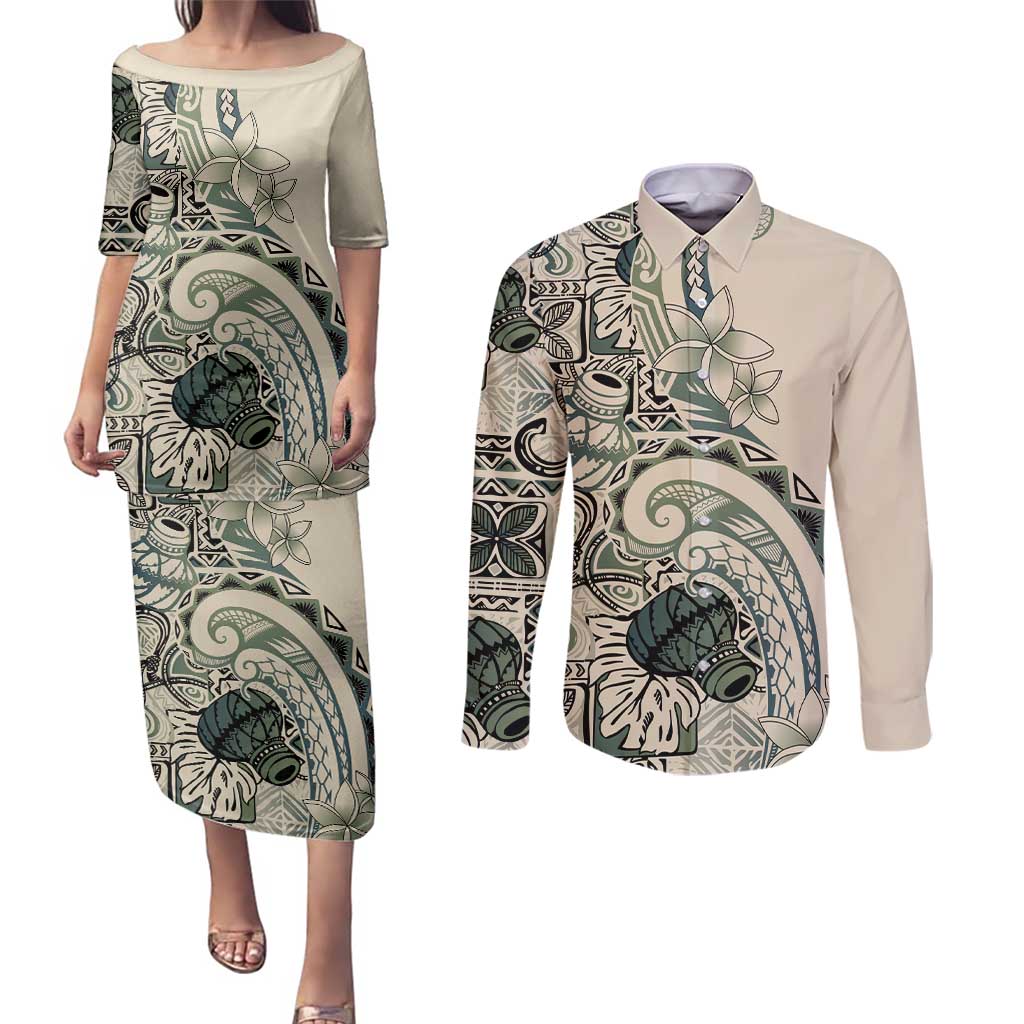 Aloha Hawaii Tapa Couples Matching Puletasi and Long Sleeve Button Shirt Summer Green Hawaiian Ipu - Polynesian Pride