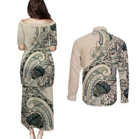 Aloha Hawaii Tapa Couples Matching Puletasi and Long Sleeve Button Shirt Summer Green Hawaiian Ipu - Polynesian Pride