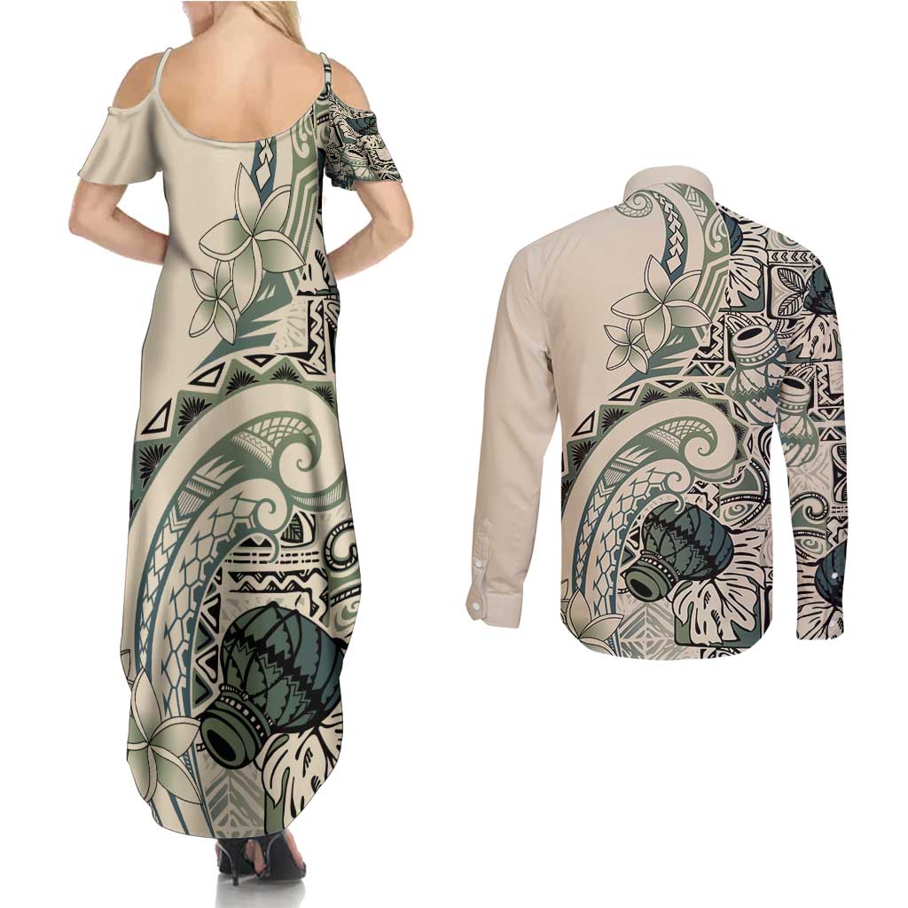 Aloha Hawaii Tapa Couples Matching Summer Maxi Dress and Long Sleeve Button Shirt Summer Green Hawaiian Ipu - Polynesian Pride