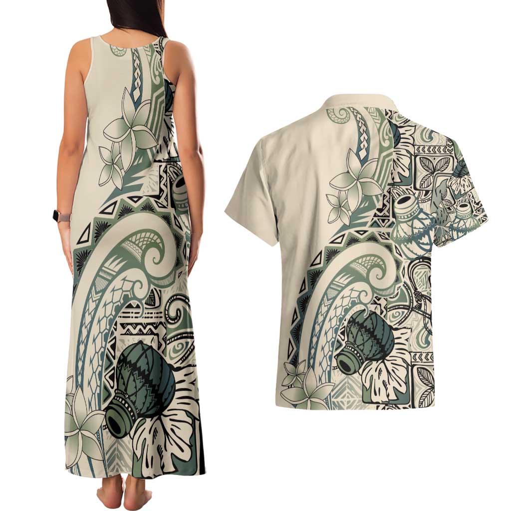 Aloha Hawaii Tapa Couples Matching Tank Maxi Dress and Hawaiian Shirt Summer Green Hawaiian Ipu - Polynesian Pride