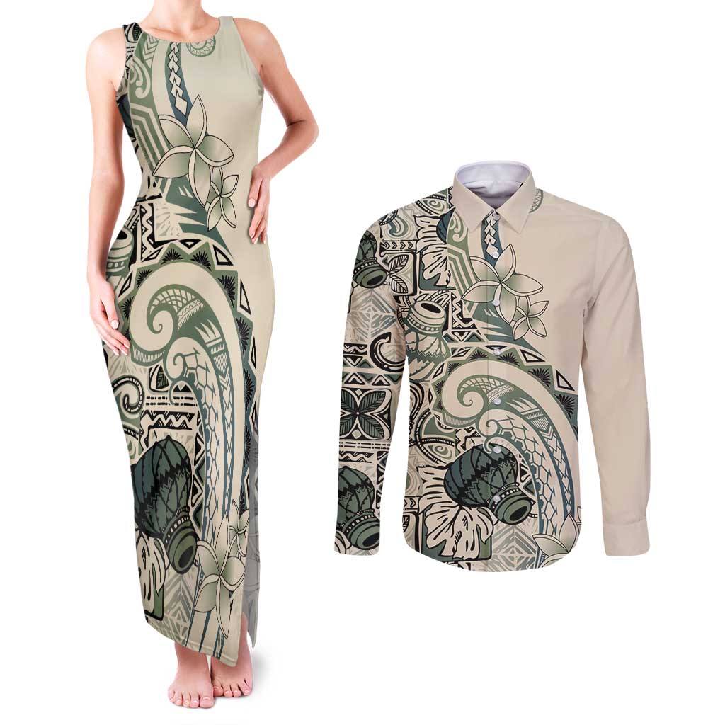 Aloha Hawaii Tapa Couples Matching Tank Maxi Dress and Long Sleeve Button Shirt Summer Green Hawaiian Ipu - Polynesian Pride