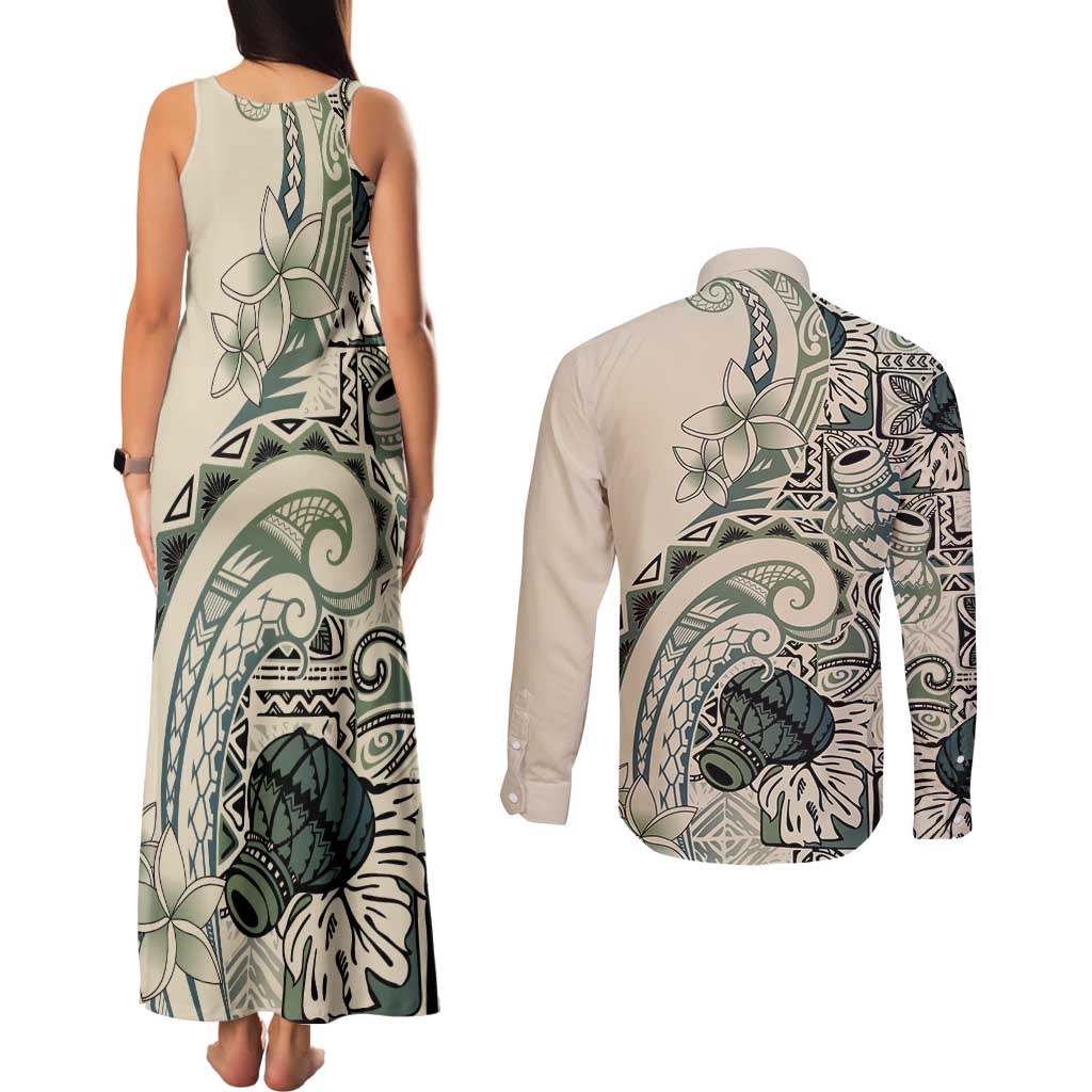 Aloha Hawaii Tapa Couples Matching Tank Maxi Dress and Long Sleeve Button Shirt Summer Green Hawaiian Ipu - Polynesian Pride