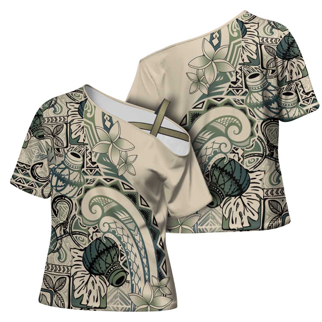 Aloha Hawaii Tapa Cross Shoulder Shirt Summer Green Hawaiian Ipu - Polynesian Pride