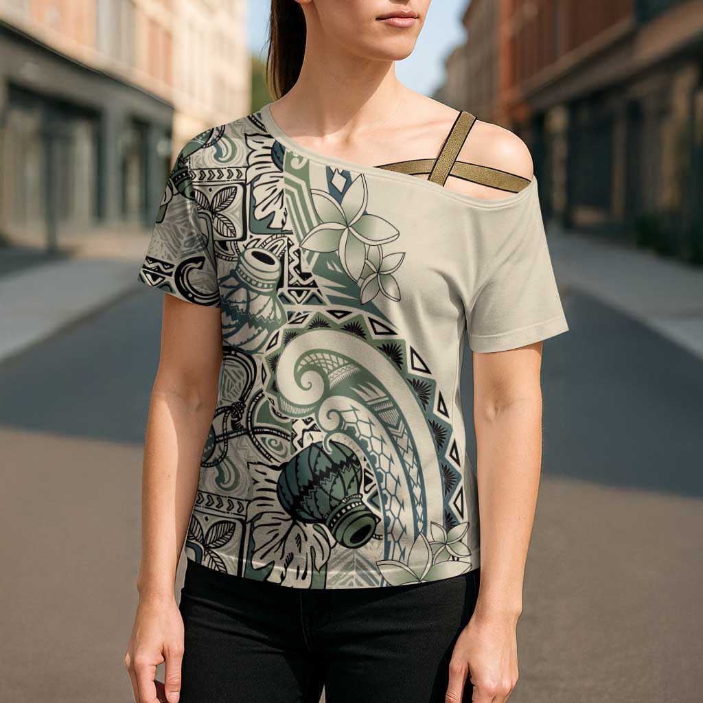 Aloha Hawaii Tapa Cross Shoulder Shirt Summer Green Hawaiian Ipu - Polynesian Pride