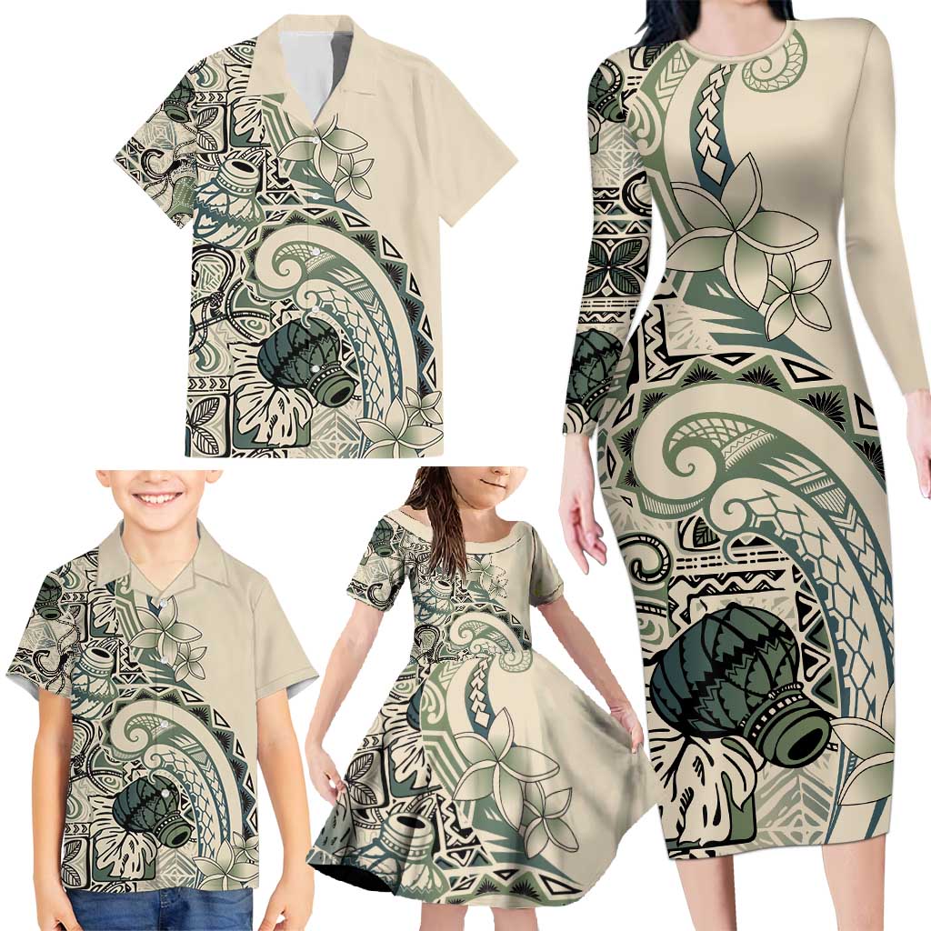 Aloha Hawaii Tapa Family Matching Long Sleeve Bodycon Dress and Hawaiian Shirt Summer Green Hawaiian Ipu - Polynesian Pride
