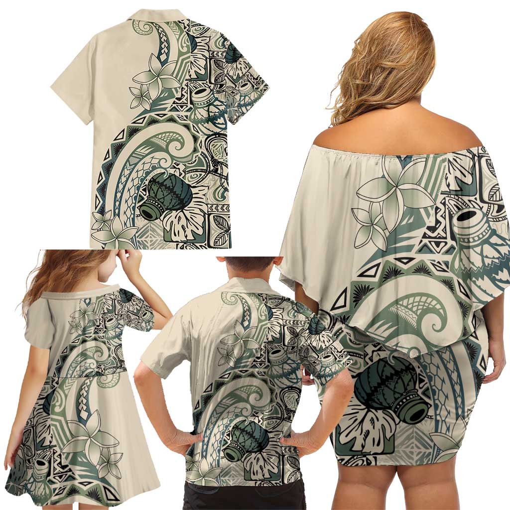 Aloha Hawaii Tapa Family Matching Off Shoulder Short Dress and Hawaiian Shirt Summer Green Hawaiian Ipu - Polynesian Pride