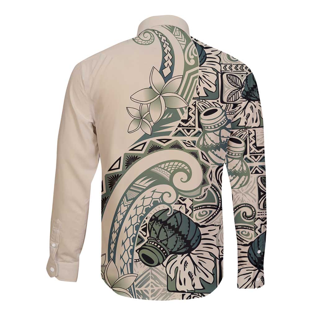 Aloha Hawaii Tapa Long Sleeve Button Shirt Summer Green Hawaiian Ipu - Polynesian Pride