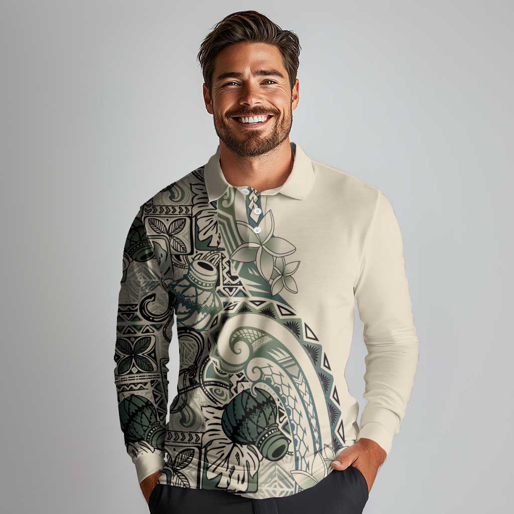 Aloha Hawaii Tapa Long Sleeve Polo Shirt Summer Green Hawaiian Ipu - Polynesian Pride