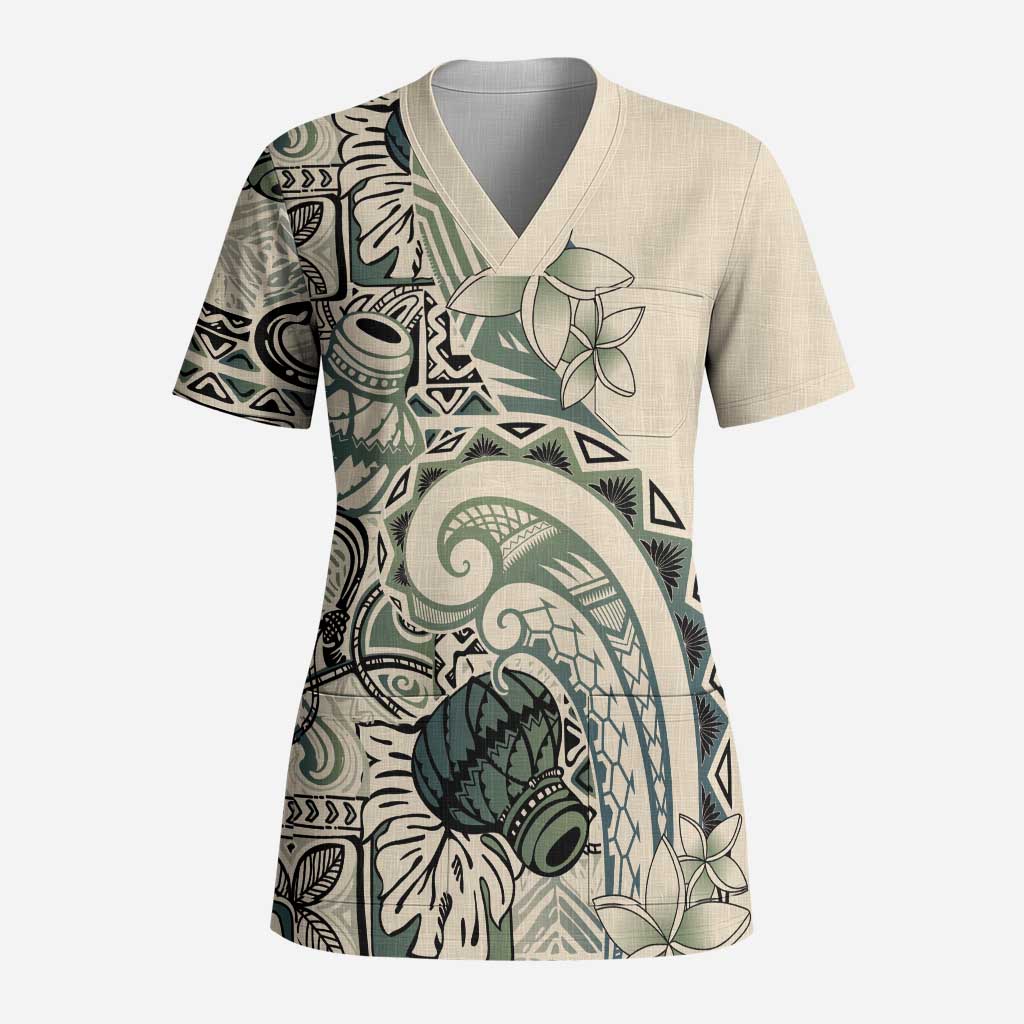 Aloha Hawaii Tapa Scrub Top Summer Green Hawaiian Ipu - Polynesian Pride