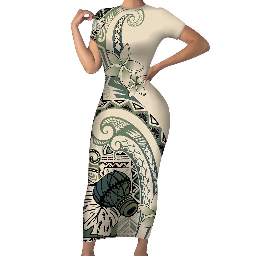 Aloha Hawaii Tapa Short Sleeve Bodycon Dress Summer Green Hawaiian Ipu - Polynesian Pride