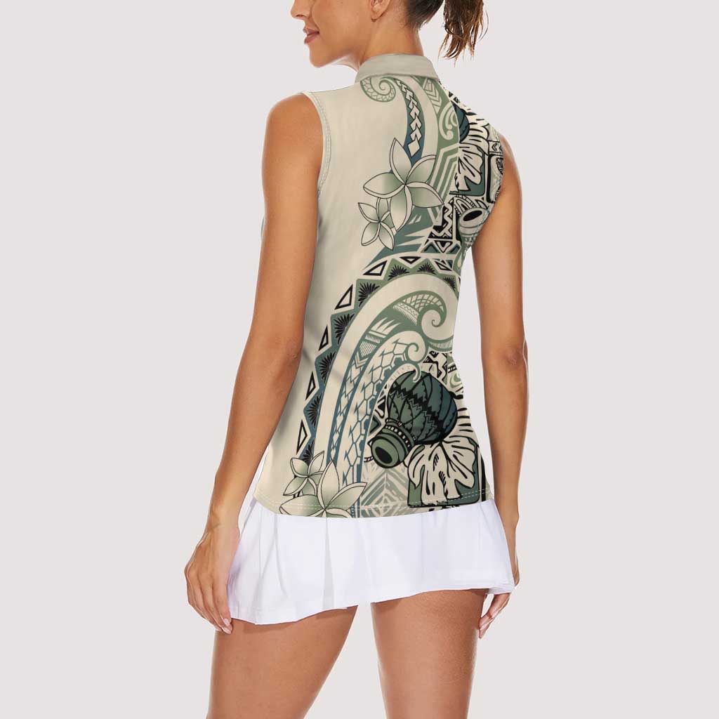 Aloha Hawaii Tapa Women Sleeveless Polo Shirt Summer Green Hawaiian Ipu - Polynesian Pride