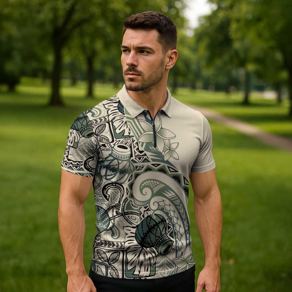 Aloha Hawaii Tapa Zipper Polo Shirt Summer Green Hawaiian Ipu - Polynesian Pride