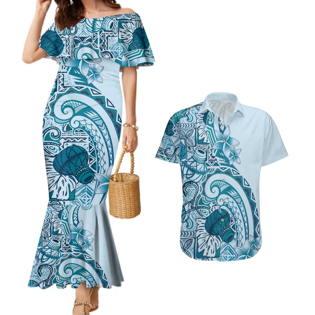 Aloha Hawaii Tapa Couples Matching Mermaid Dress and Hawaiian Shirt Cool Turquoise Hawaiian Ipu - Polynesian Pride