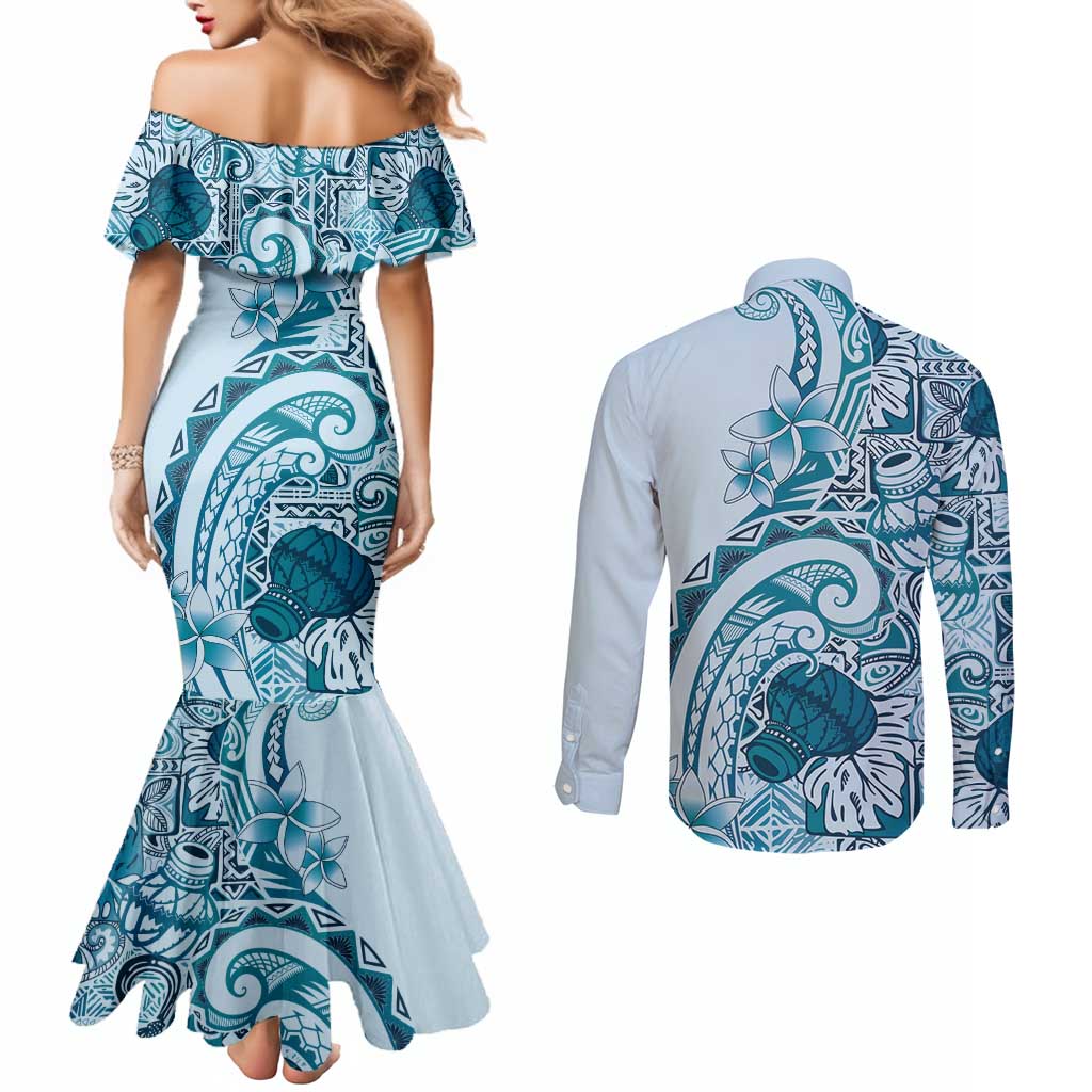 Aloha Hawaii Tapa Couples Matching Mermaid Dress and Long Sleeve Button Shirt Cool Turquoise Hawaiian Ipu - Polynesian Pride