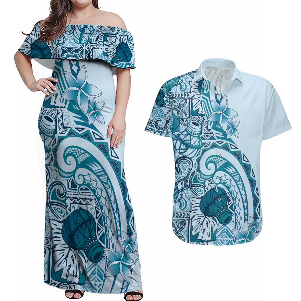 Aloha Hawaii Tapa Couples Matching Off Shoulder Maxi Dress and Hawaiian Shirt Cool Turquoise Hawaiian Ipu - Polynesian Pride