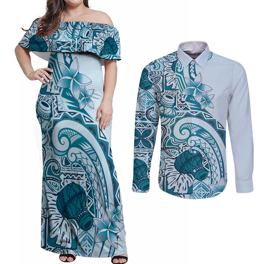 Aloha Hawaii Tapa Couples Matching Off Shoulder Maxi Dress and Long Sleeve Button Shirt Cool Turquoise Hawaiian Ipu - Polynesian Pride