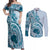 Aloha Hawaii Tapa Couples Matching Off Shoulder Maxi Dress and Long Sleeve Button Shirt Cool Turquoise Hawaiian Ipu - Polynesian Pride