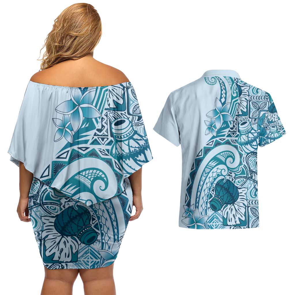 Aloha Hawaii Tapa Couples Matching Off Shoulder Short Dress and Hawaiian Shirt Cool Turquoise Hawaiian Ipu - Polynesian Pride
