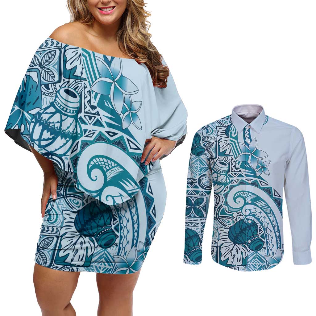 Aloha Hawaii Tapa Couples Matching Off Shoulder Short Dress and Long Sleeve Button Shirt Cool Turquoise Hawaiian Ipu - Polynesian Pride
